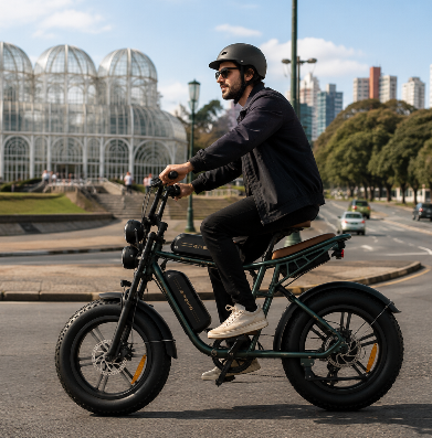 Ciclista pedalando uma e-bike ENGWE em avenida arborizada