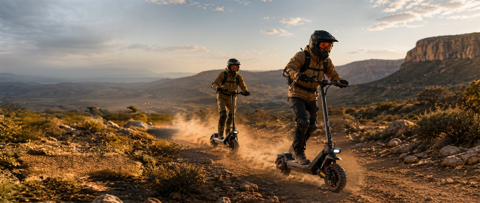 Patinetes elétricos ENGWE em trilha off-road ao pôr do sol