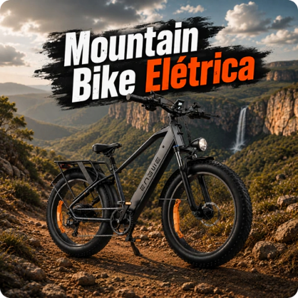 Mountain bike elétrica ENGWE em trilha com cachoeira ao fundo